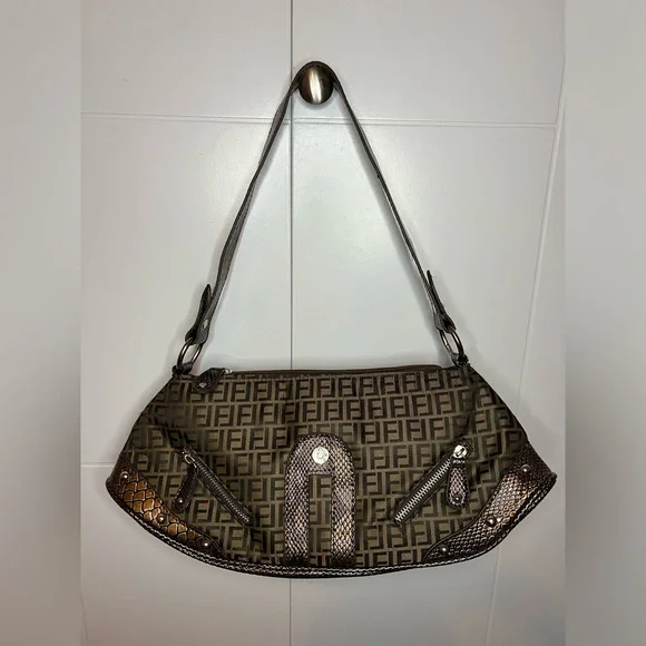 Y2K Monogram Shoulder Bag Brown Snakeskin Trim Fiorelli Vintage 2000s - Picture 7 of 10